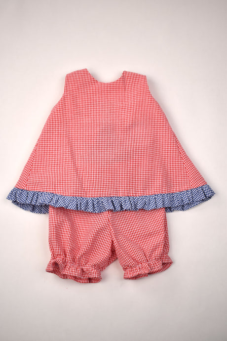 Red Seersucker Popover Set with Navy Ruffle