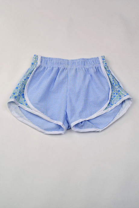 BLUE SEERSCUKER ATHLETIC SHORTS WITH FLORAL SIDES