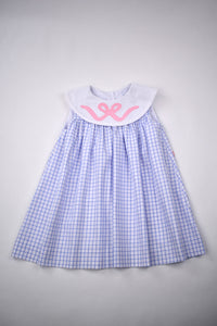BLUE CHECK DRESS WITH BOW APPLIQUE COLLAR