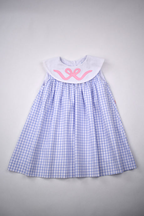 BLUE CHECK DRESS WITH BOW APPLIQUE COLLAR