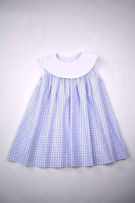 BLUE CHECK DRESS WITH SOLID WHITE COLLAR
