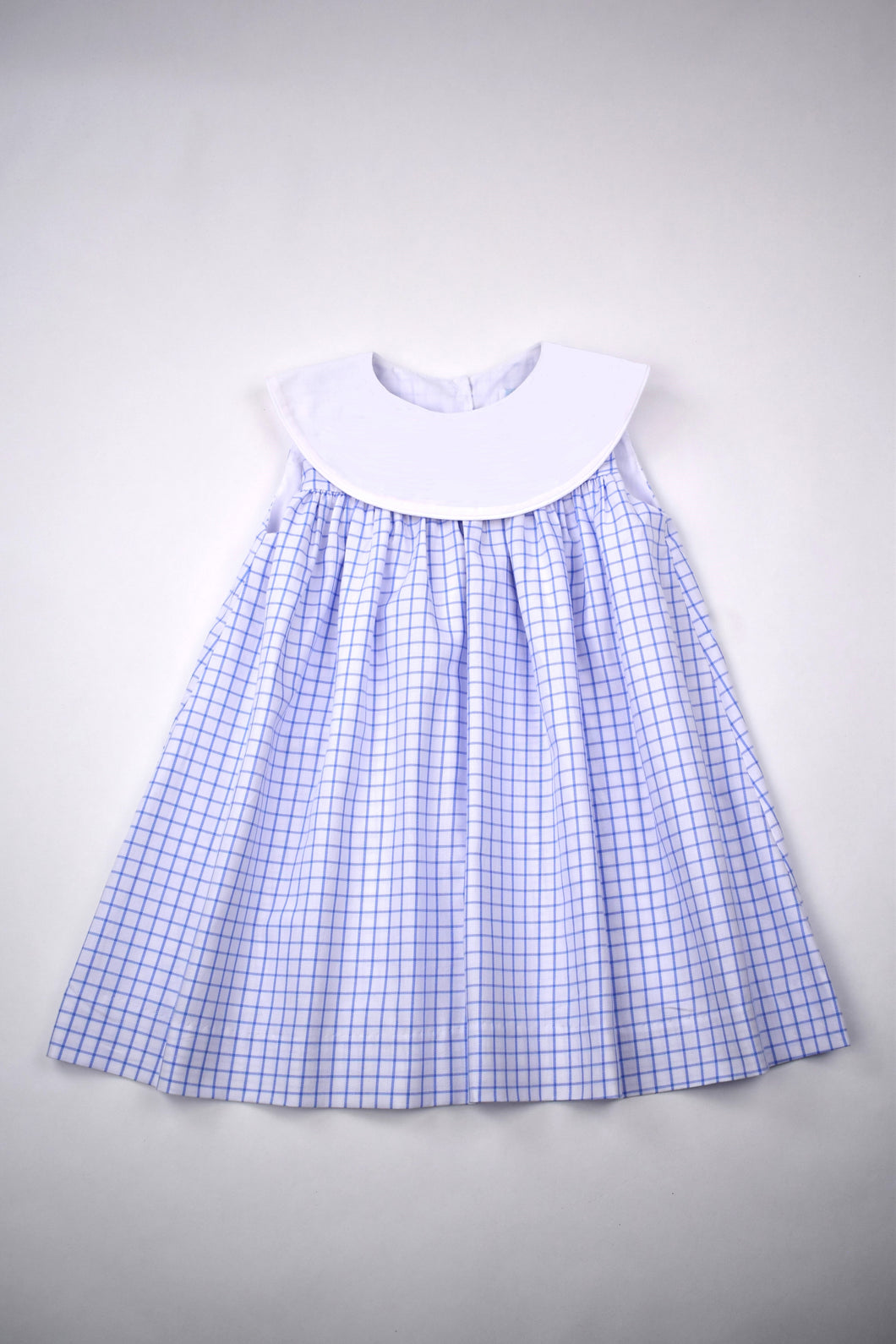 BLUE CHECK DRESS WITH SOLID WHITE COLLAR