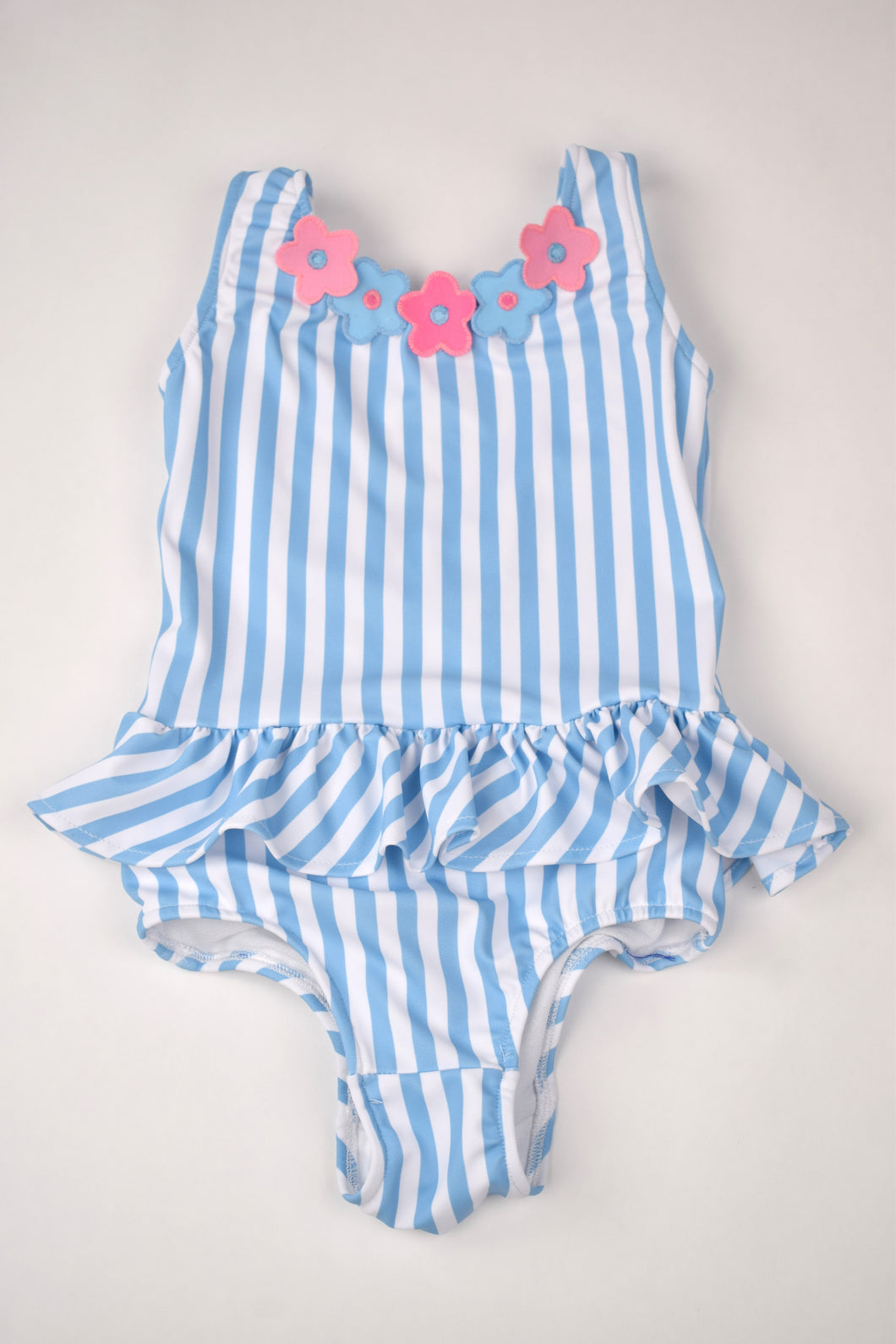 BLUE STRIPE RUFFLE SWIMSUIT WITH FLOWERS